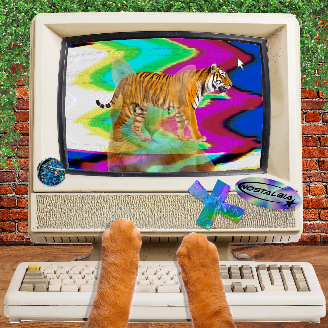 a realistic photoshop picture of an orange cat staring at a 90s computer screen showing a tiger with vibrant coloring.